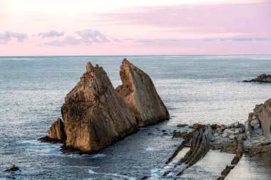 Eroded limestone sea stacks and abrasion platform in La Arnia, Costa Quebrada, Cantabria, Spain