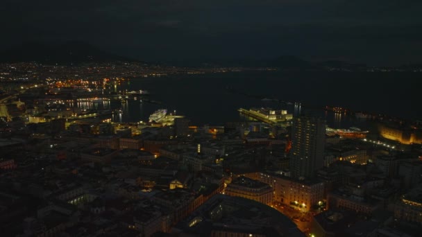 Letecký Snímek Pánev Přístavu Noci Panoramatický Výhled Město Neapolský Záliv — Stock video