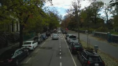 Kamu parkı boyunca tek yönlü yolda giden araçları takip ediyoruz. New York City, ABD.