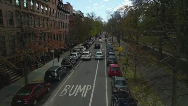 Forvetler Park Halindeki Arabalar Binalar Parktaki Bitki Örtüsüyle Dolu Caddenin — Stok video