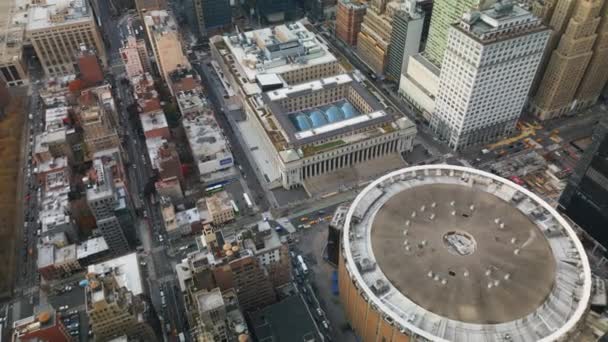 Repülj Madison Square Garden Moynihan Train Hall Fölé Járművek Város — Stock videók