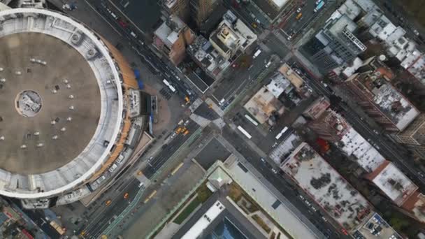 Famosa Estrutura Redonda Madison Square Garden Tráfego Ruas Redor Altura — Vídeo de Stock
