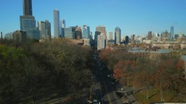 Arka planda Brooklyn gökdelenleri olan şehir manzarası. Parktaki sonbahar ağaçlarının üzerinden uç. New York City, ABD.