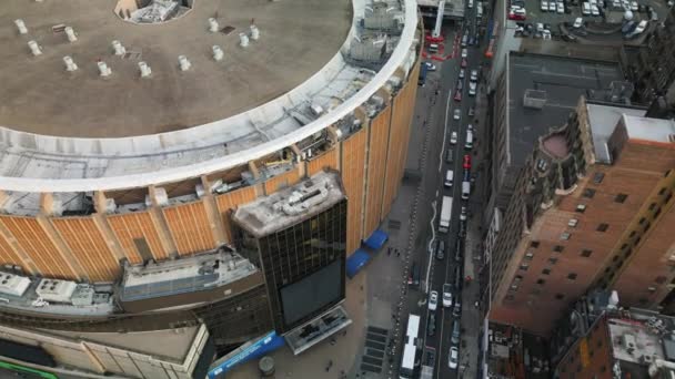 Filmagem Descendente Aérea Famoso Edifício Circular Madison Square Garden Nas — Vídeo de Stock
