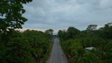Aerial view road cutting through the middle of Costa Ricas forest and ending along the Pacific Ocean coastline. Overhead look at a roadway meandering lush forest leading to the Pacific shore