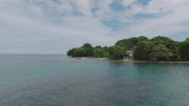 Aerial view of caribbean sea and rainforest sandy beach. Overhead view of jungle tropical beach and caribbean shoreline