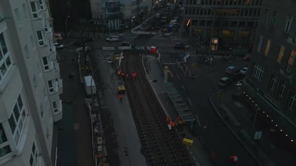 Aerial Footage Construction Workers Tram Stop Enhancement Line Wearing Reflective — Stok video