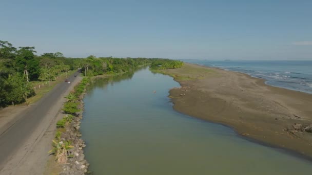 Aerial View Coastal Landscape Small River Flowing Ocean Road Leading — Wideo stockowe