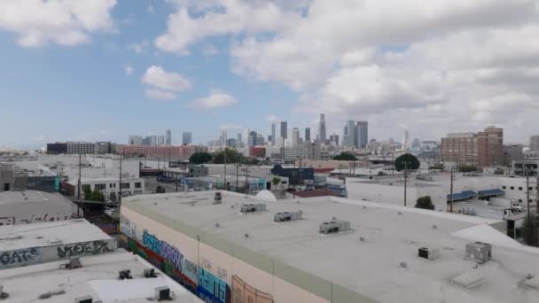 Large Low Buildings Graffiti Flat Roof City Panorama Modern Office — Stock Video