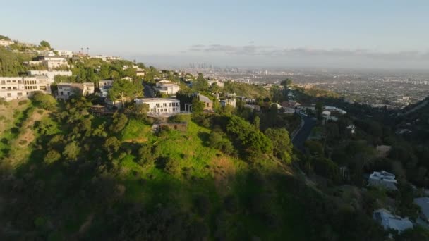 前進はハリウッドヒルズの居住地を飛行する 大都市の上の美しい住所に高級住宅 米国カリフォルニア州ロサンゼルス — ストック動画