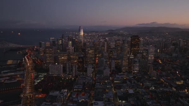 Aerial Panoramic Footage High Rise Business Buildings Twilight Illuminated Skyscrapers — Stock Video