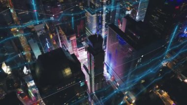 Time Square, Manhattan, New York, ABD çevresindeki modern yüksek açılı binaların yüksek açılı görüntüsü. Artırılmış gerçekliğin dijital görsel efektleri eklendi..