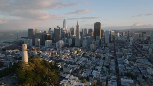 都会在黄金时段的空中下降镜头 背景是市中心的摩天大楼和电报山上的Coit塔 美国加利福尼亚州旧金山 — 图库视频影像