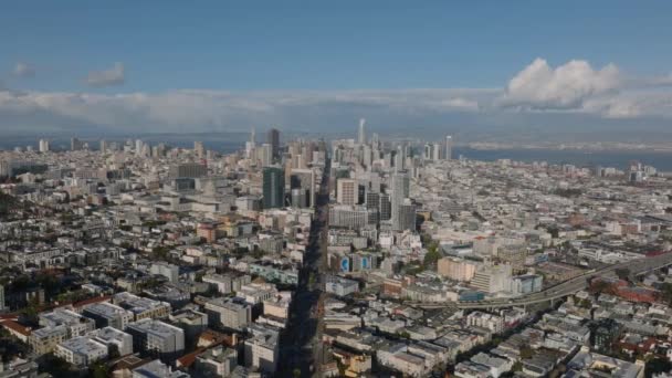 Panoramiczne Zjeżdżalnie Lotnicze Zdjęcia Metropolii Biurowcami Śródmieściu San Francisco Kalifornia — Wideo stockowe