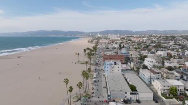 転送海の海岸でヴェネツィアのビーチの上に飛ぶ 人々はお店に沿ってリード長い直線遊歩道を歩く 米国カリフォルニア州ロサンゼルス — ストック動画