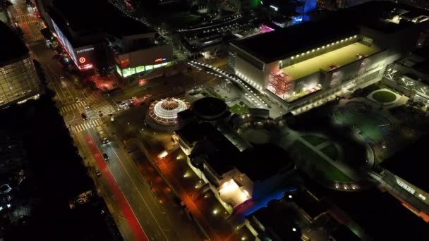 Hochwinkelaufnahme Von Gebäuden Und Straßen Der Stadt Bei Nacht Bunte — Stockvideo