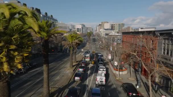 真ん中にヤシの木で広い大通りの上を飛ぶ 道路の交差点を通過する車や歴史的な路面電車 米国カリフォルニア州サンフランシスコ — ストック動画