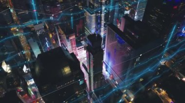 Time Square, Manhattan, New York, ABD çevresindeki modern yüksek açılı binaların yüksek açılı görüntüsü. Artırılmış gerçekliğin dijital görsel efektleri eklendi..