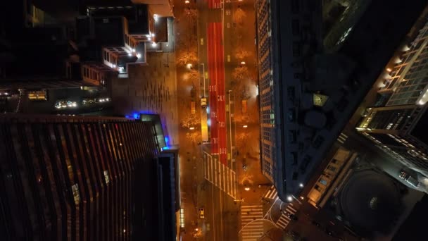 Fly Urban District Night Birds Eye Shot Illuminated Streets Surrounded — Stock Video