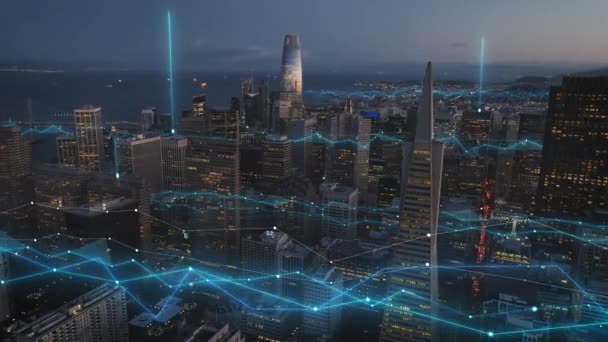 夕暮れ時の近代的なダウンタウンの高層ビルの空中スライドとパンの映像 コンピュータグラフィックス 視覚効果を追加しました 米国サンフランシスコ — ストック動画