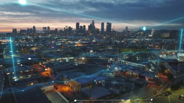 Панорамная Съемка Метрополии Закате Небоскрёбы Центре Лос Анджелеса Против Яркого — стоковое видео