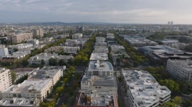 Şehrin büyük şehirlerindeki hava panoramik görüntüleri. Sokaklar boyunca binalar ve ağaçlar. Los Angeles, Kaliforniya, ABD.