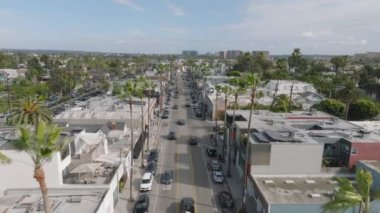Palmiye ağaçlarıyla kaplı bulvarın hava panoramik görüntüleri. Büyük şehrin sokaklarında giden arabalar. Los Angeles, Kaliforniya, ABD.