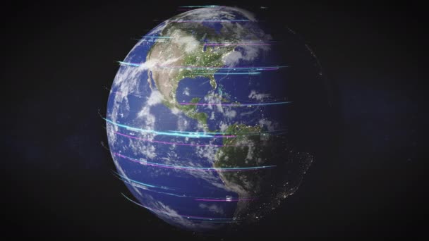 具有视觉效果的行星地球的详细模型 行星周围图层中的各种图表和数据 3D现实的宇宙动画 — 图库视频影像