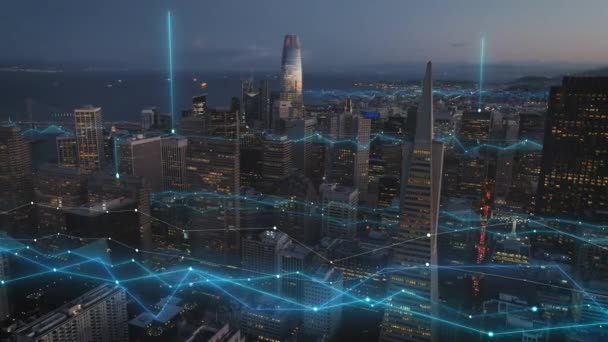 夕暮れ時の近代的なダウンタウンの高層ビルの空中スライドとパンの映像 コンピュータグラフィックス 視覚効果を追加しました 米国サンフランシスコ — ストック動画