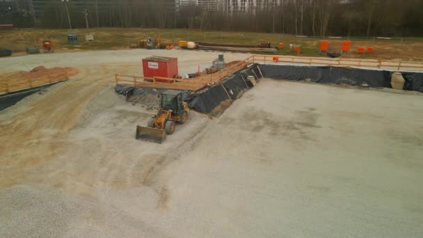 Aerial Slide Pan Footage Front Loader Standing Construction Site Frankfurt — Stock Video