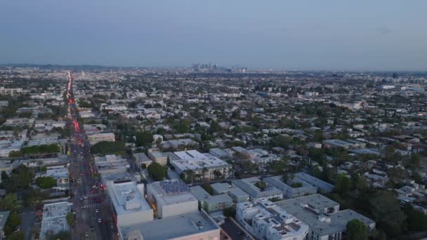 Panoramiczny Widok Metropolię Zmierzchu Grupa Wieżowców Centrum Oddali Los Angeles — Wideo stockowe