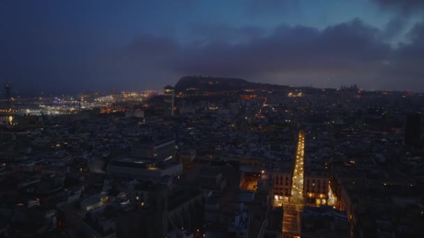 夜の都市の空中上昇ショット 照明付きの通りや港を背景に スペインのバルセロナ — ストック動画