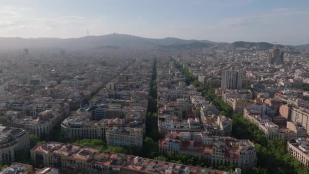 大都市住宅区的空中全景镜头 倾斜到沿街的普通建筑物上 西班牙巴塞罗那 — 图库视频影像