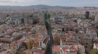 Metropolün havadan panoramik görüntüsü. Yeşil ağaçlarla dolu uzun düz bir bulvarın üzerinde uç. Barselona, İspanya.