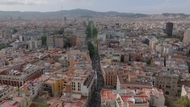 大都市の空中パノラマビュー 緑の木々と長い直線通りの上を飛ぶ スペインのバルセロナ — ストック動画