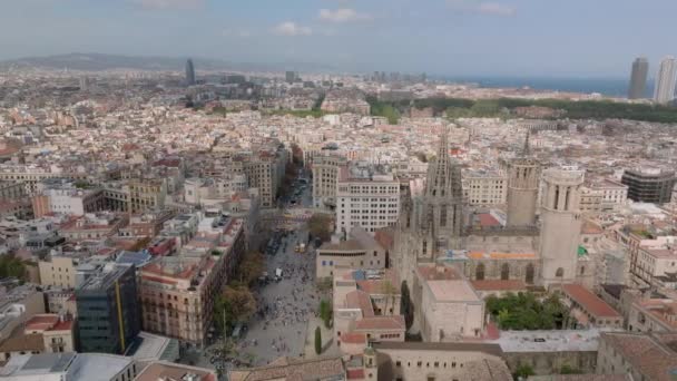 Krásné Letecké Záběry Historické Metropole Lítat Kolem Gotické Katedrály Barceloně — Stock video