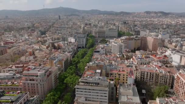 大都市的空中全景 前进在稠密的城镇发展之上 揭示了著名的普莱卡 加泰罗尼亚 西班牙巴塞罗那 — 图库视频影像