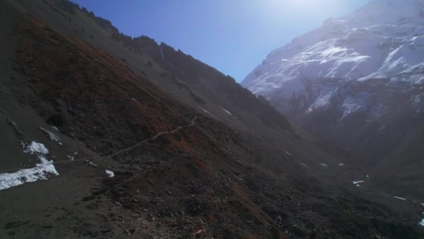 晴れた日に誰ともティリコベースキャンプトレイル上の航空便 ヒマラヤ山脈 マナン地区 ネパール Annapurna Circuit Treking — ストック動画