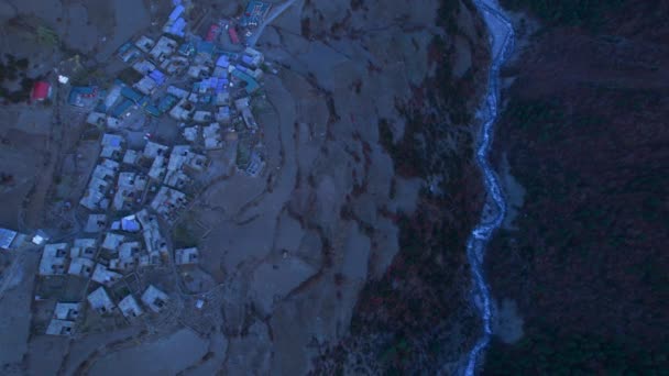 Letecký Top Dolů Naklonit Panoramatický Výhled Údolí Řekou Potoka Khangshar — Stock video