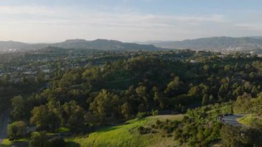 Vadideki yeşil ağaçlı yolun hava görüntüleri. Banliyöde manzara. Los Angeles, Kaliforniya, ABD.