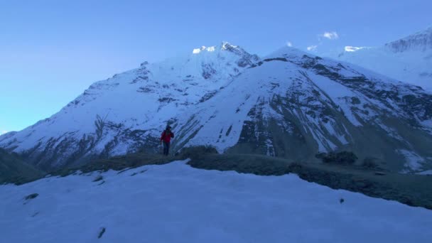 Aerial Membangun Tembakan Dari Laki Laki Kaukasia Pendaki Pada Trekking — Stok Video