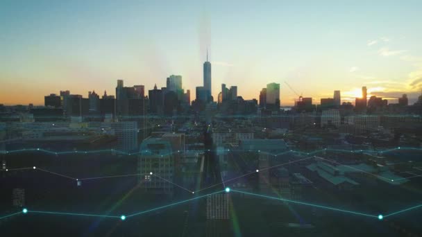 Csodálatos Légi Kilátás Tetőtérre Modern Manhattani Felhőkarcolókkal Szemben Színes Naplemente — Stock videók