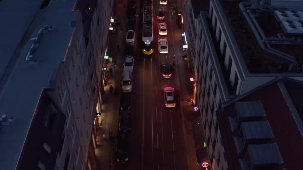 High Angle View Traffic Evening City Cars Tram Cyclist Moving — Stock Video