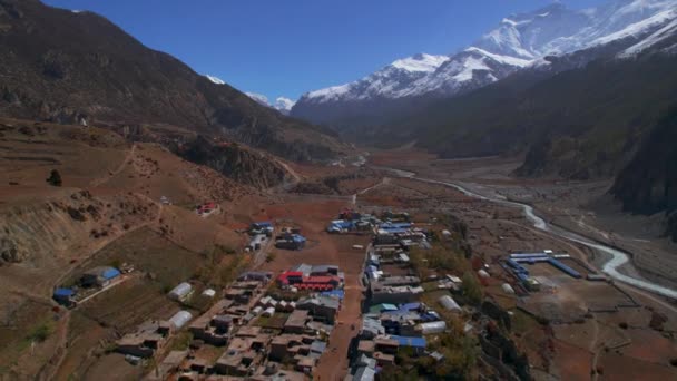 Vue Aérienne Vers Arrière Manang Maison Village Toits Avec Himalaya — Video