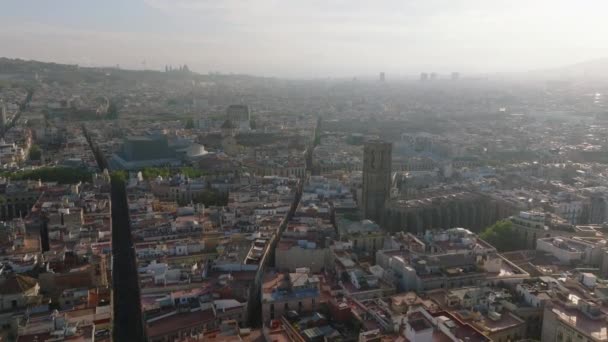 大都市历史部分的空中全景 阳光下朦胧的景色 绕着圣玛利亚大教堂飞来飞去西班牙巴塞罗那 — 图库视频影像