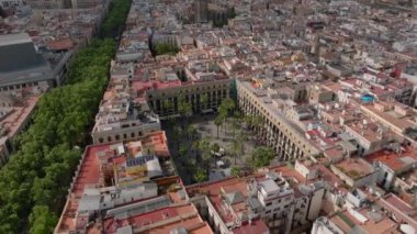 Şehir merkezindeki şehir gelişiminin yüksek açılı görüntüsü. La Rambla caddesi ve Placa Reial meydanında palmiyeli yeşil ağaçlar. Barselona, İspanya.