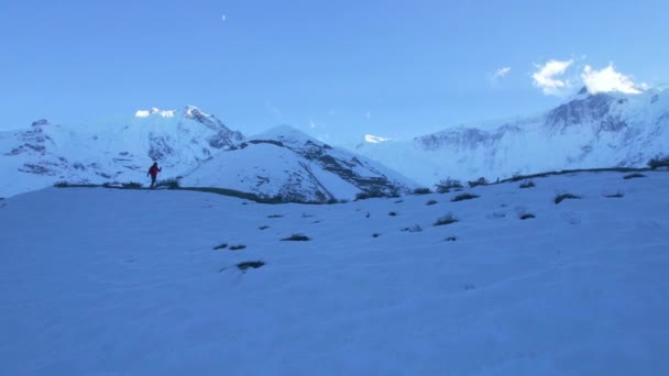 トレッキングトレイルハイキングでは 空中映画のフライオーバービューハイカーは ヒマラヤのティリコベースキャンプへの極とハイキング ネパールの山の中の刺激的な冒険家の友人 — ストック動画
