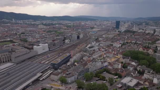 Aerial Slide Pan Footage Extensive Site Railway Tracks City Twilight — Stock Video