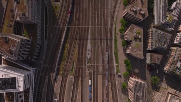 Vogelperspektive Auf Die Eisenbahninfrastruktur Züge Passieren Weichen Auf Einem Weitläufigen — Stockvideo