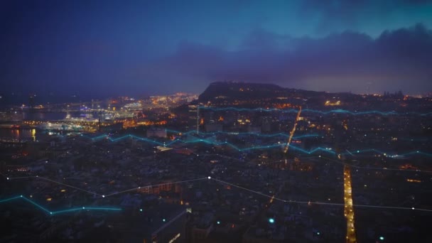 Воздушный Панорамный Вид Город Ночью Большие Лодки Освещаемые Пирсы Гавани — стоковое видео